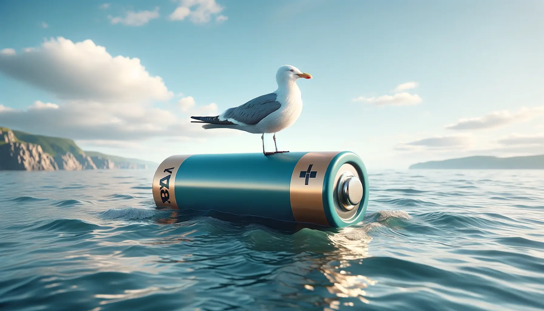 seagull balancing on a floating battery to represent ocean energy storage