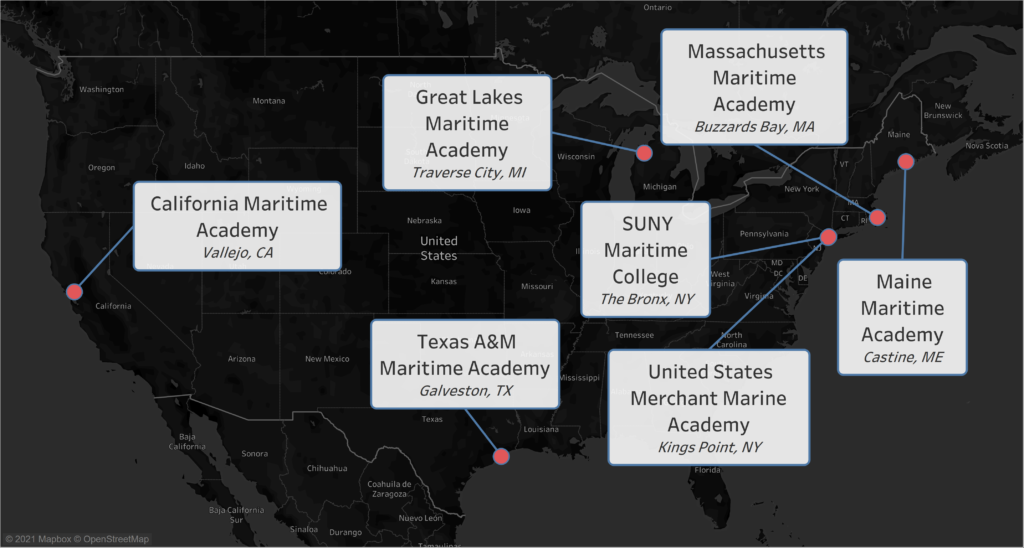 map of the US maritime academies