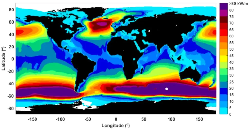 heat map of global wave energy resource, high power waves in extreme latitudes