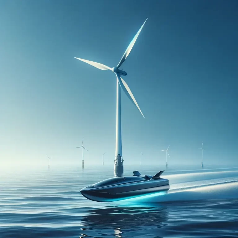 ai generated image of marine clean tech showing a hydrofoil boat and offshore wind turbine