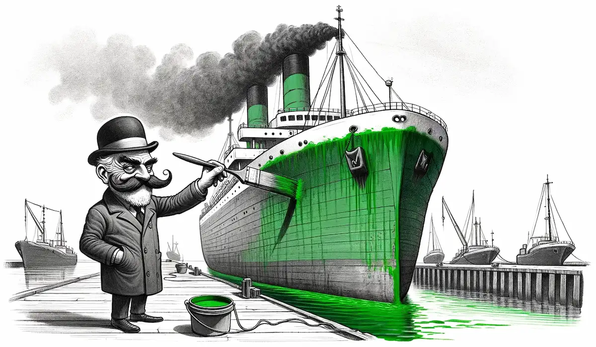 satirical capitalist greenwashing shipping by painting a ship green
