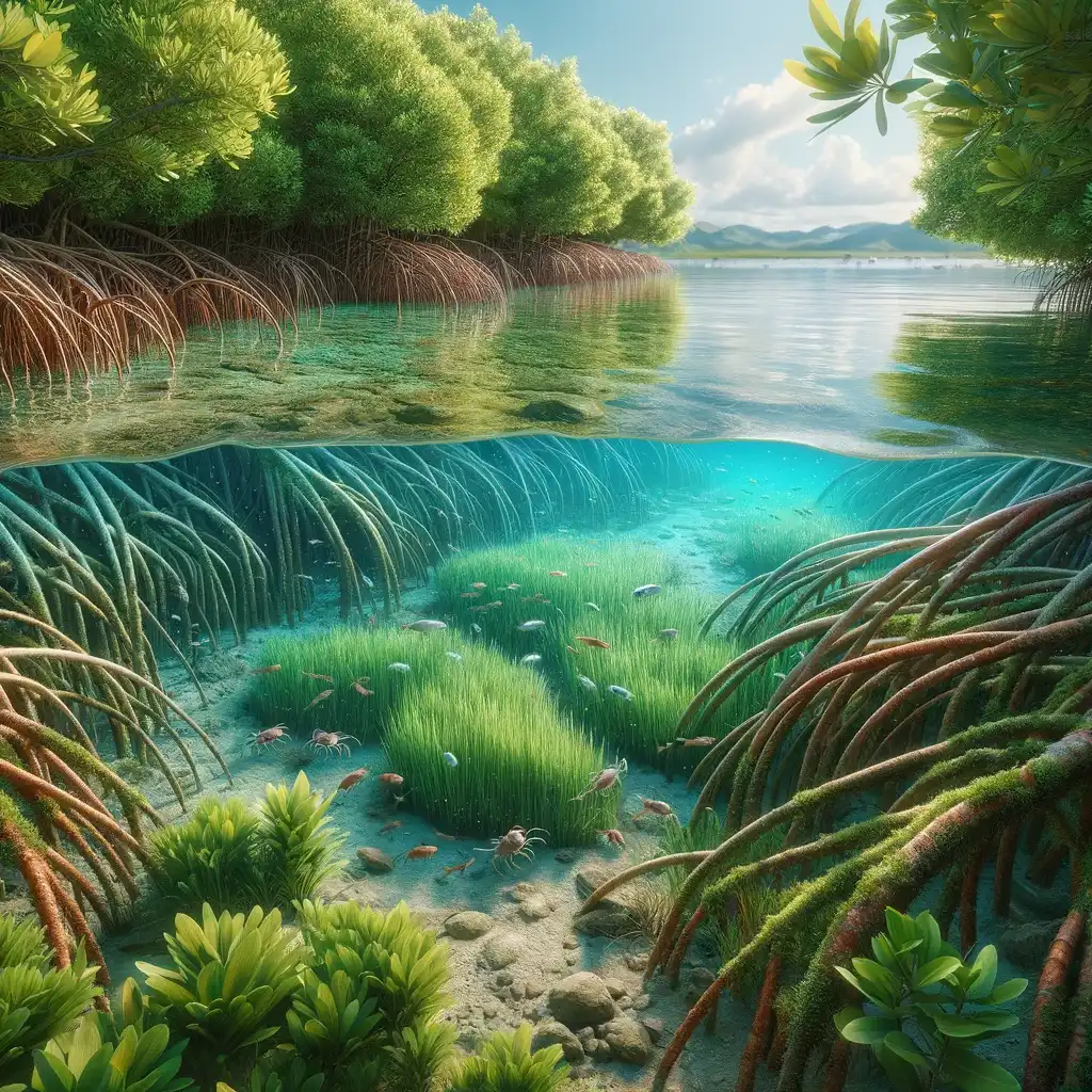 a mangrove forest and seagrass representing coastal blue carbon form of mCDR