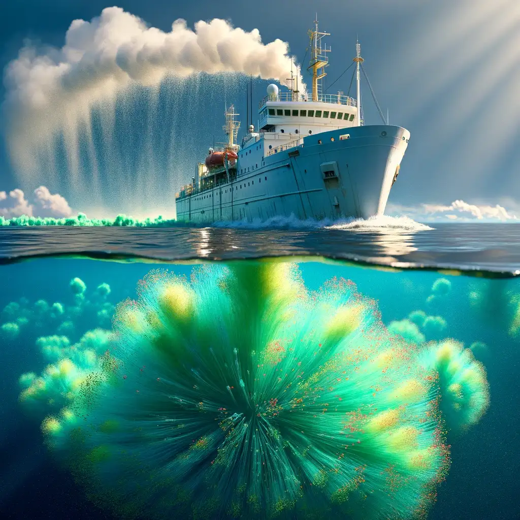 ai generated image of a ship performing iron fertilization in the ocean leading to a plankton bloom
