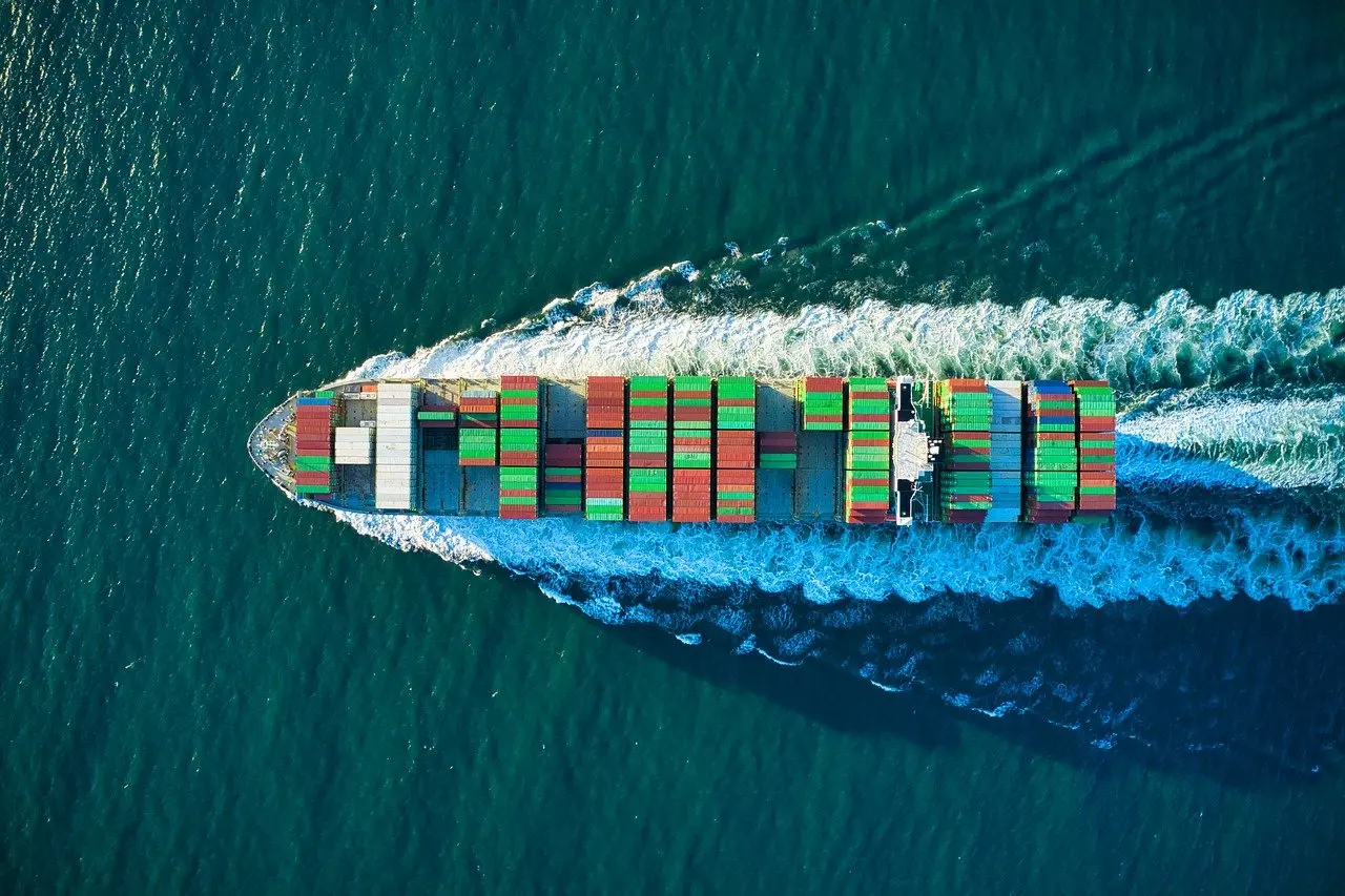 container ship at sea overhead view